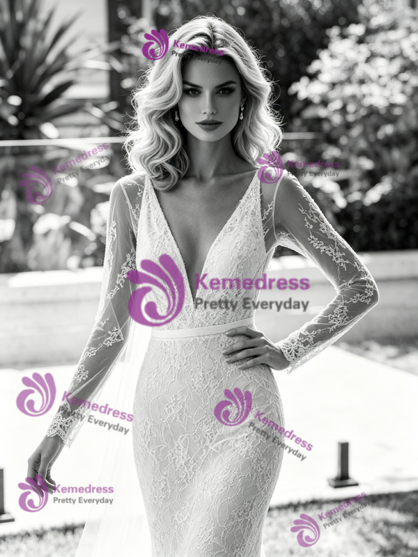 White Mermaid V-Neck Long Sleeve Wedding Dress