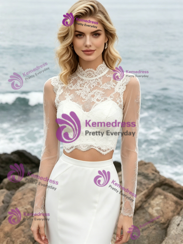White Mermaid Lace Two Piece Long Sleeve Wedding Dress