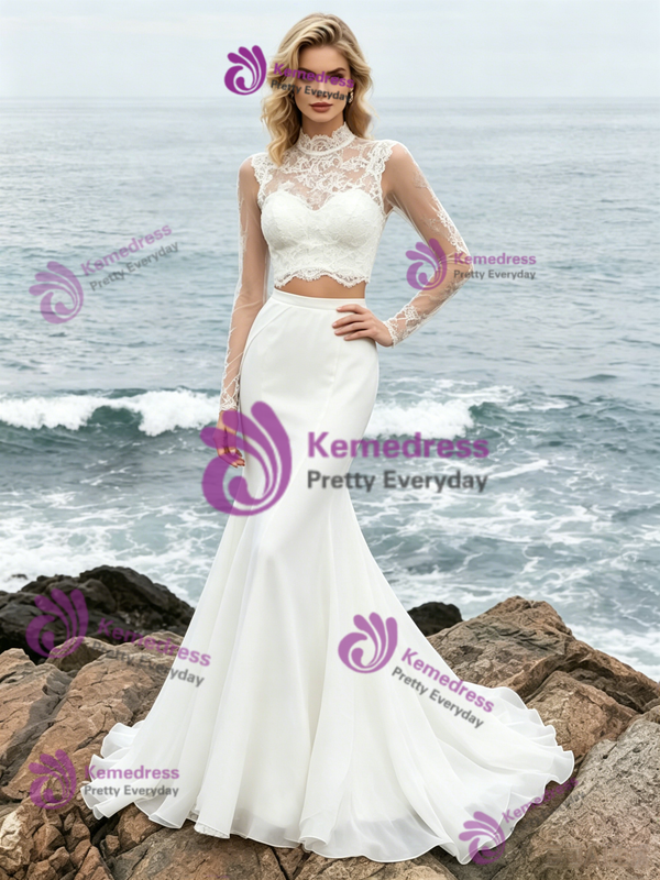 White Mermaid Lace Two Piece Long Sleeve Wedding Dress