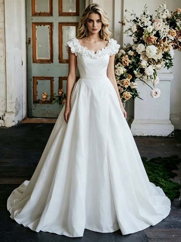 White Satin V-neck Flower Wedding Dress