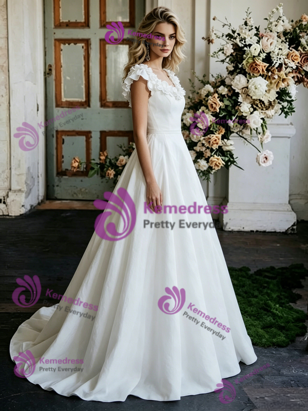 White Satin V-neck Flower Wedding Dress