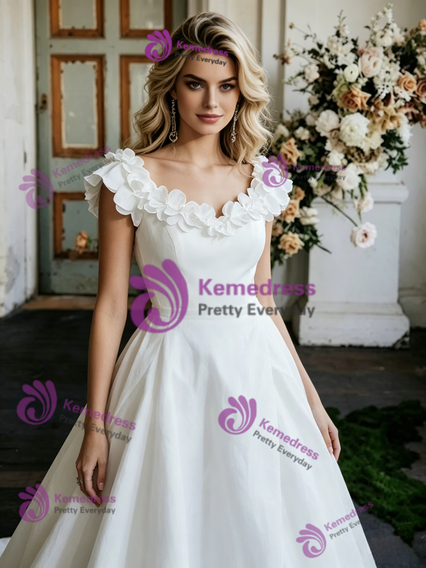 White Satin V-neck Flower Wedding Dress