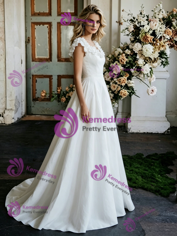 White Satin V-neck Flower Wedding Dress