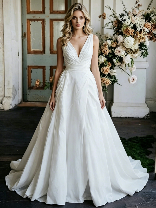 White Satin V-Neck Pleats Wedding Dress