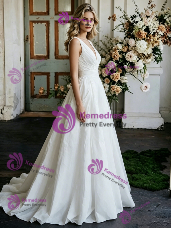 White Satin V-Neck Pleats Wedding Dress