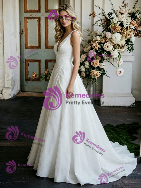 White Satin V-Neck Pleats Wedding Dress