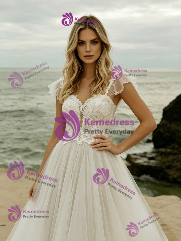 White Tulle Lace Straps Wedding Dress