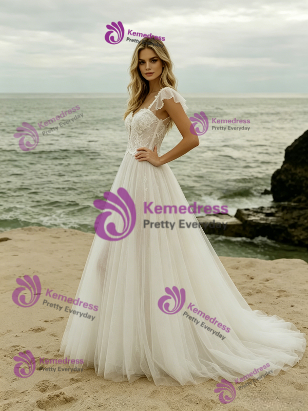 White Tulle Lace Straps Wedding Dress
