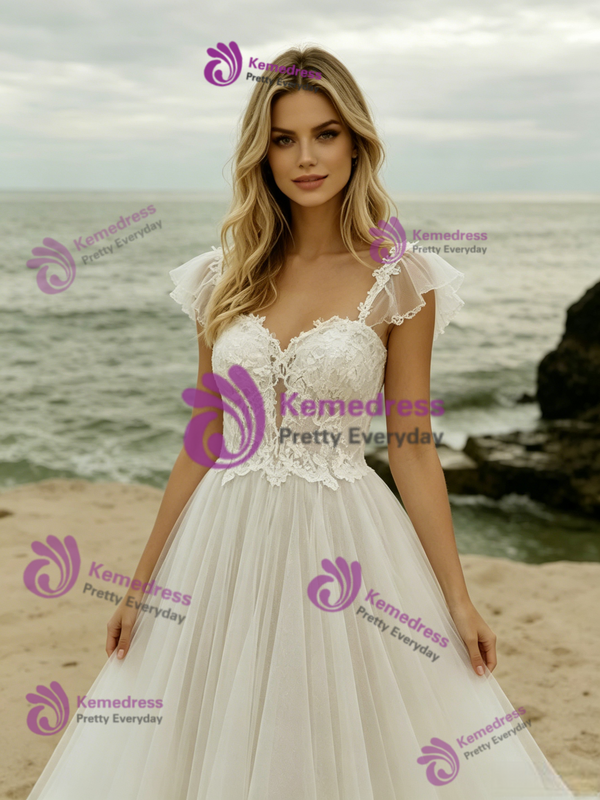 White Tulle Lace Straps Wedding Dress