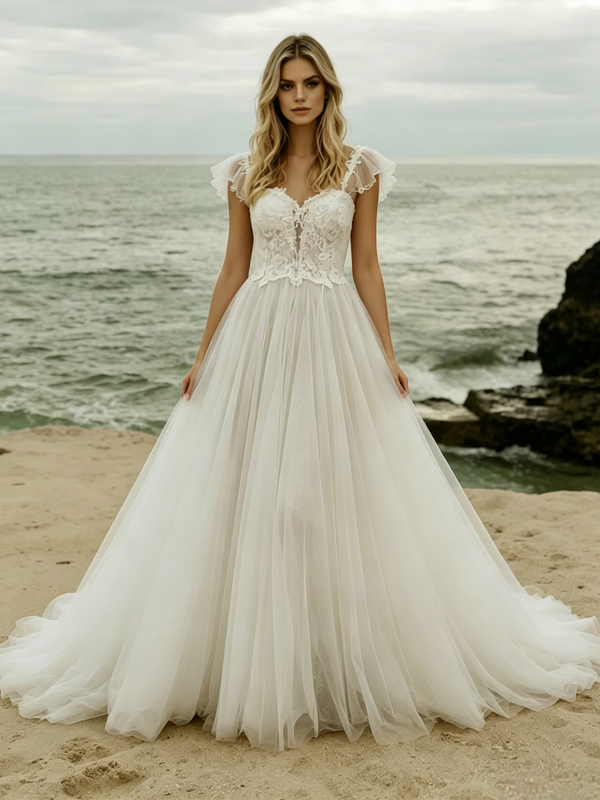 White Tulle Lace Straps Wedding Dress