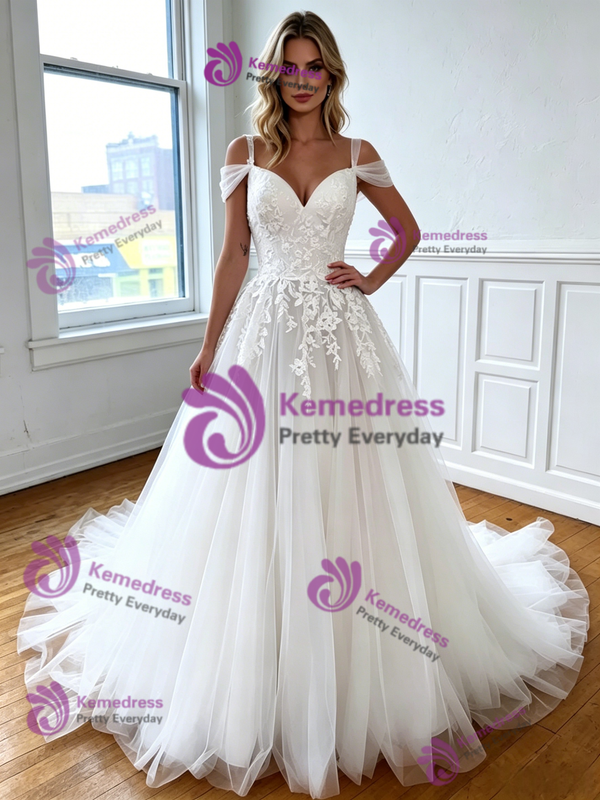 White Tulle Straps Lace Appliques Wedding Dress