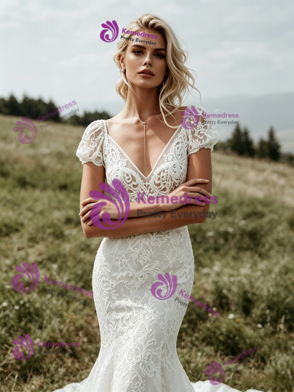 White Lace V-Neck Cap Sleeve Wedding Dress