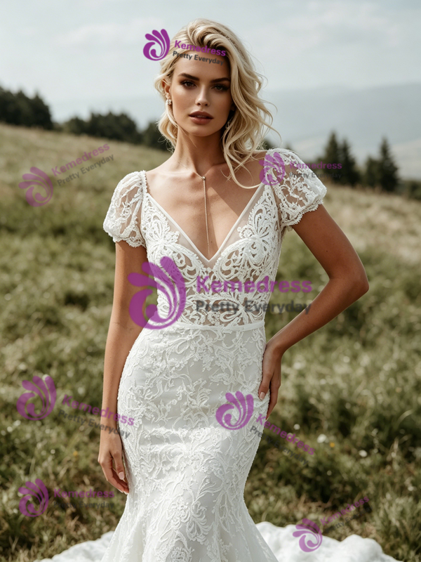 White Lace V-Neck Cap Sleeve Wedding Dress
