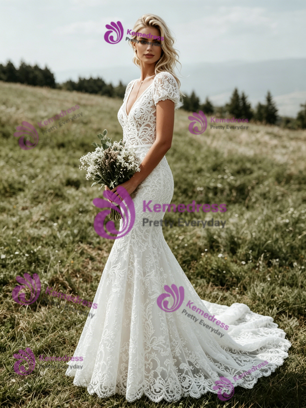 White Lace V-Neck Cap Sleeve Wedding Dress