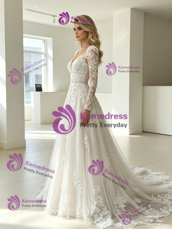 White Tulle Lace Appliques Wedding Dress