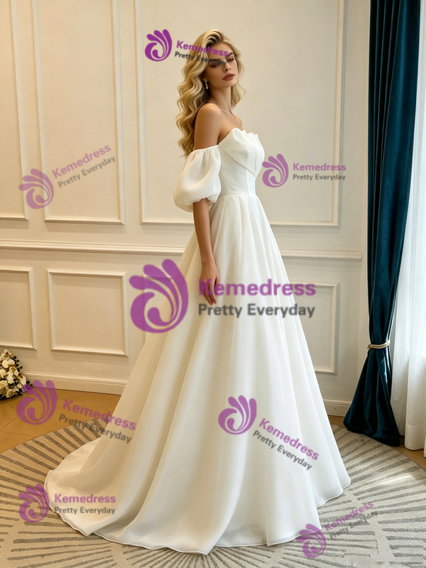 White Strapless Pleats Puff Sleeve Wedding Dress