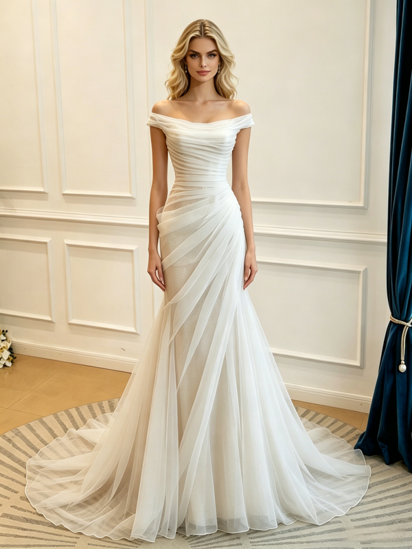 White Mermaid Tulle Off The Shoulder Split Wedding Dress