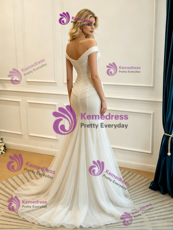 White Mermaid Tulle Off The Shoulder Split Wedding Dress