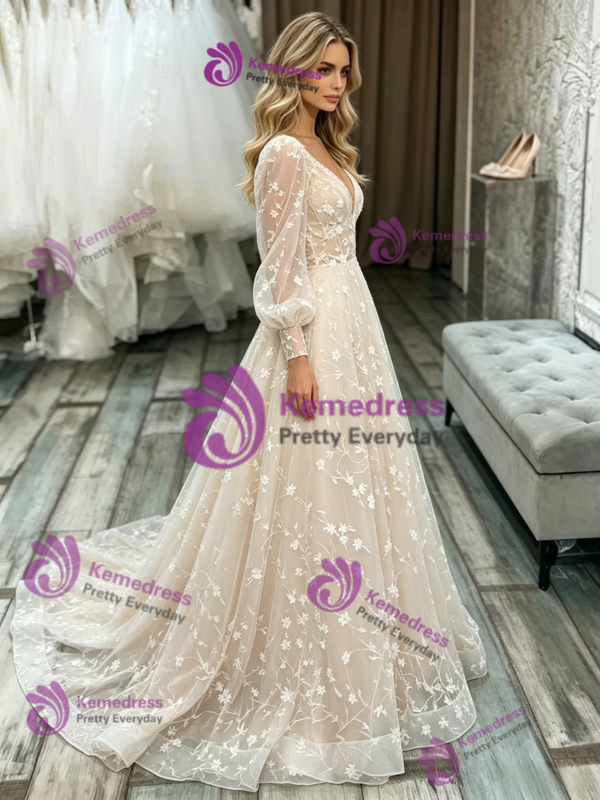 Champagne Lace Long Sleeve V-Neck Wedding Dress