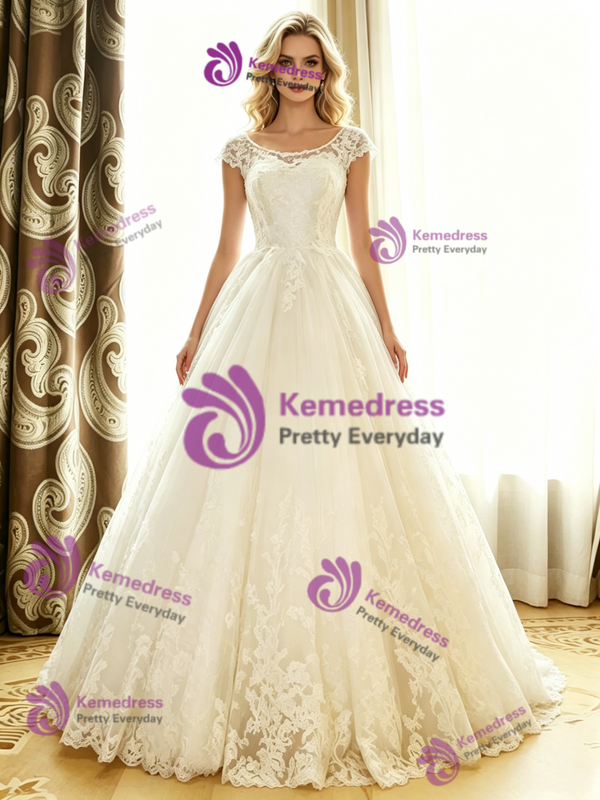 White Tulle Lace Cap Sleeve Wedding Dress