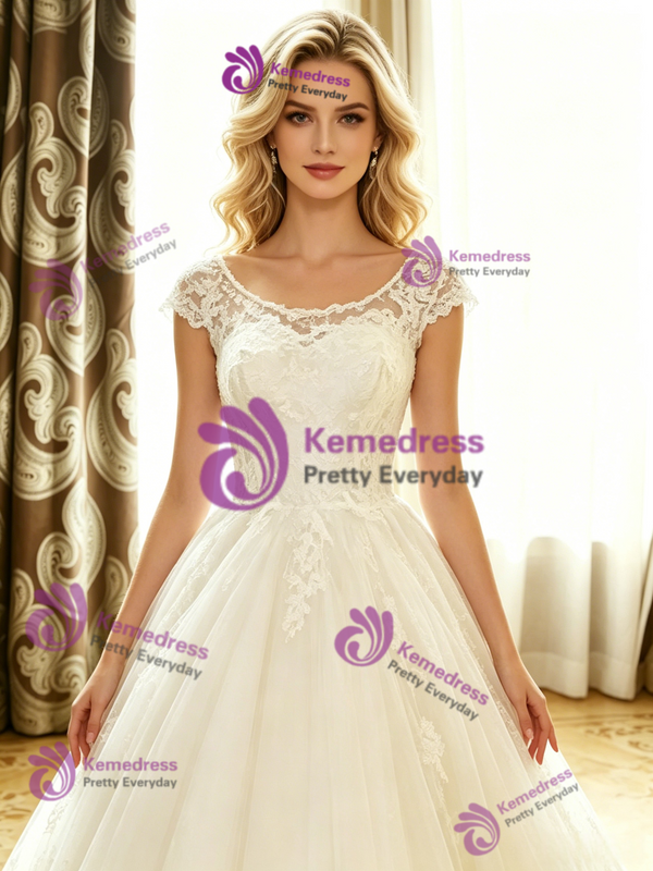 White Tulle Lace Cap Sleeve Wedding Dress