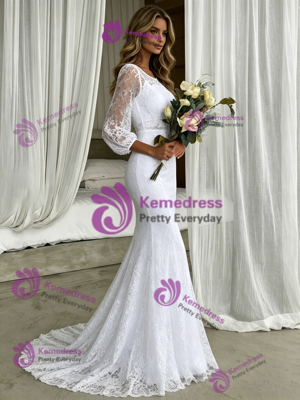 White Mermaid Lace Short Sleeve Wedding Dress