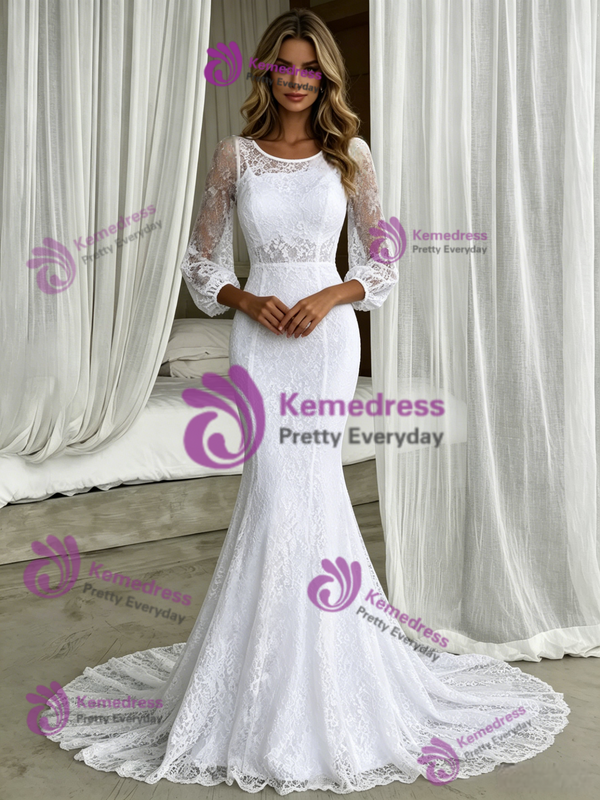 White Mermaid Lace Short Sleeve Wedding Dress