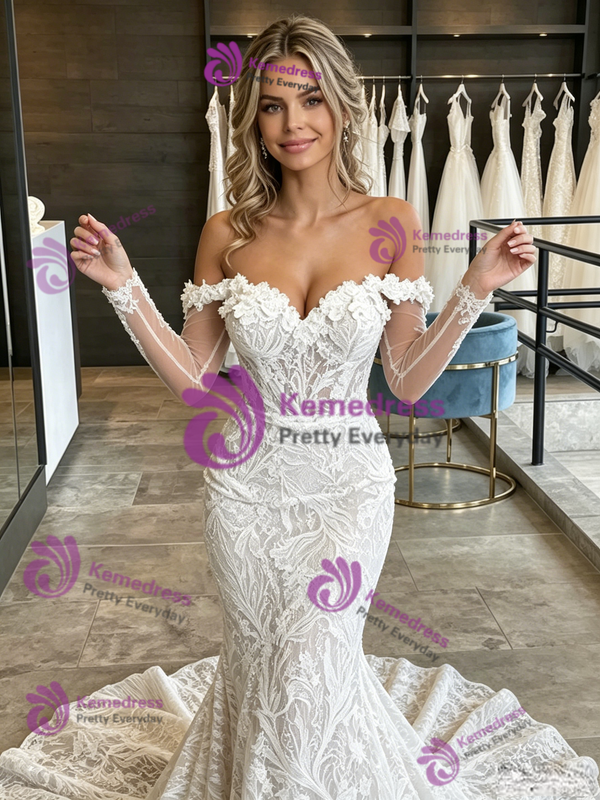 Sexy White Mermaid Lace Long Sleeve Wedding Dress