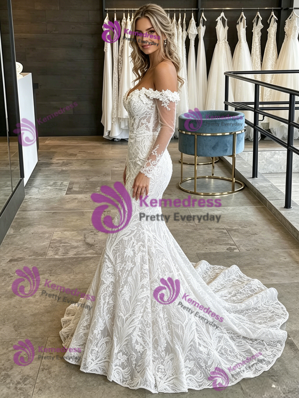 Sexy White Mermaid Lace Long Sleeve Wedding Dress