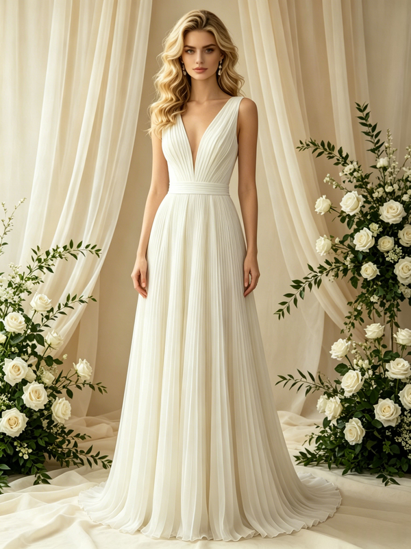 A-Line Ivory V-Neck Pleats Wedding Dress