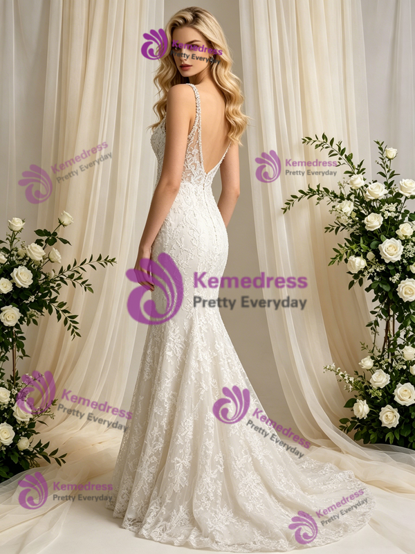 Sexy Beige White Mermaid Tulle Appliques Wedding Dress