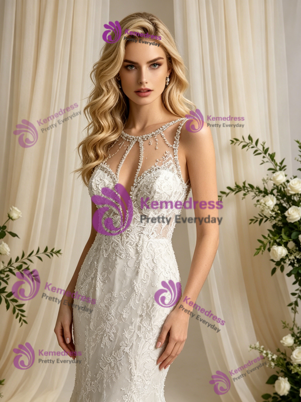 Sexy Beige White Mermaid Tulle Appliques Wedding Dress