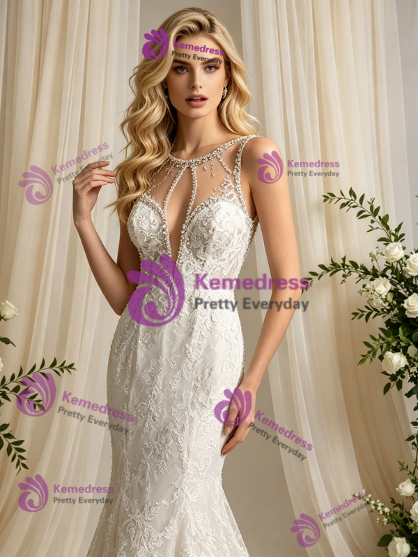 Sexy Beige White Mermaid Tulle Appliques Wedding Dress