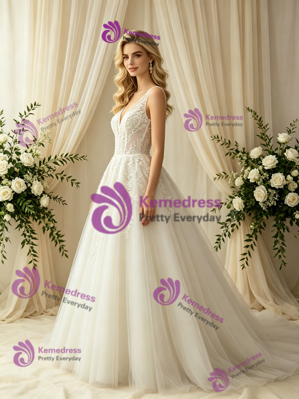 Beige White Tulle Lace Appliques Wedding Dress