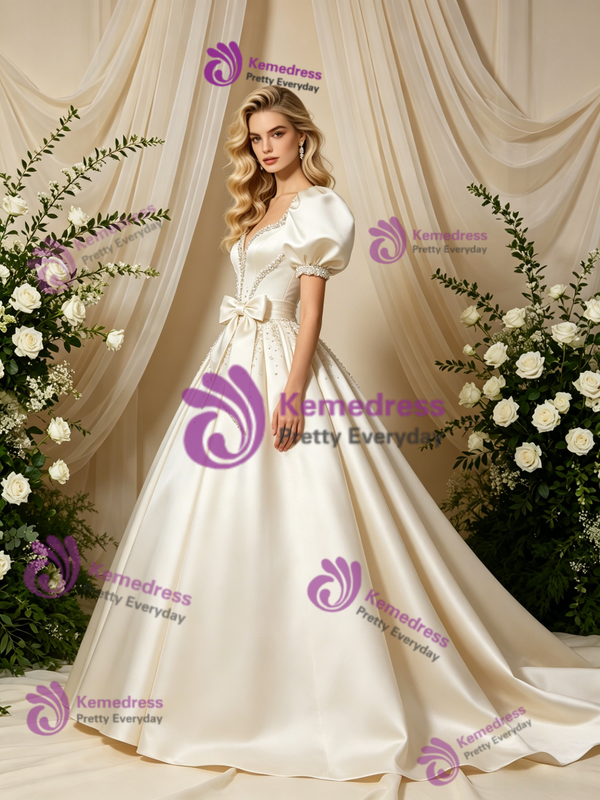 Ivory Satin Puff Sleeve Bow Beading Wedding Dress