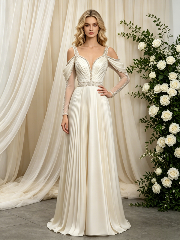 Ivory Long Sleeve Straps Pleats Beading Wedding Dress