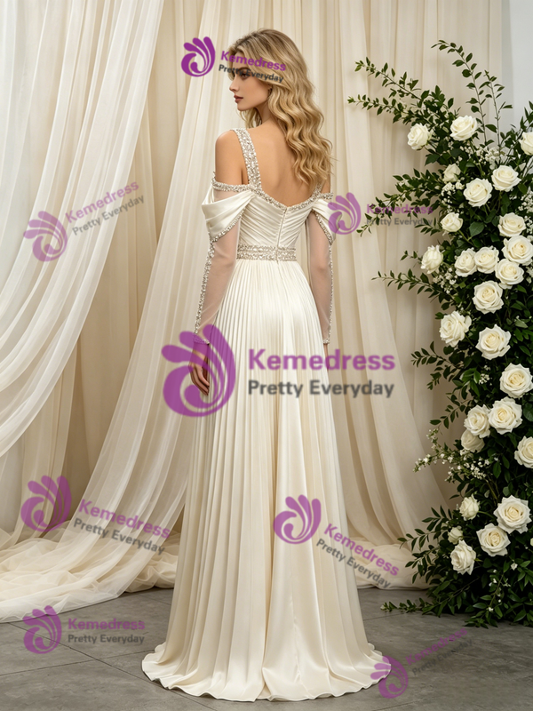 Ivory Long Sleeve Straps Pleats Beading Wedding Dress