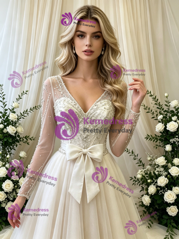 Ivory Tulle V-Neck Long Sleeve Beading Wedding Dress