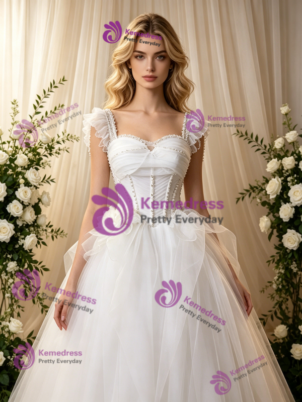 White Tulle Straps Beading Wedding Dress