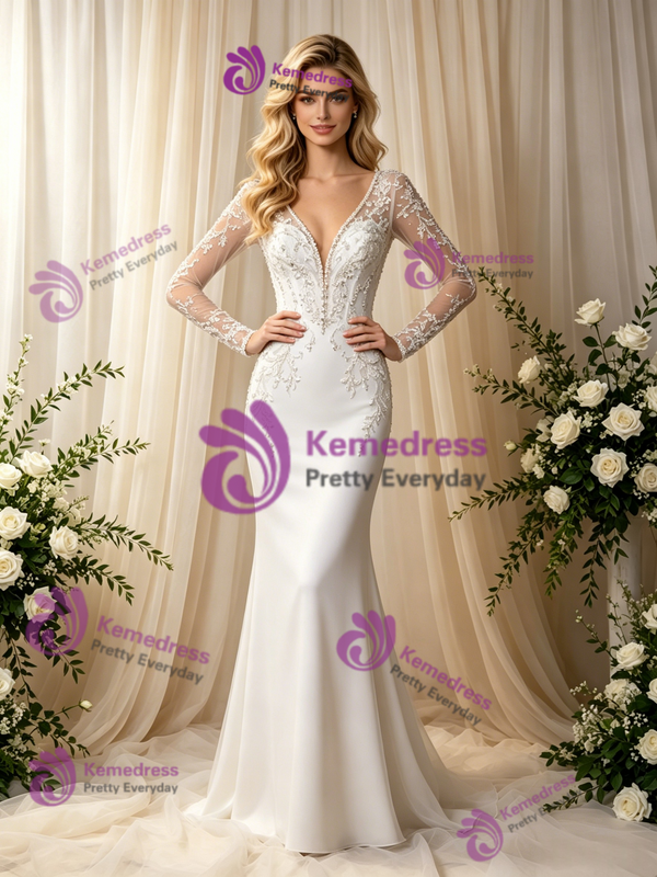 Sexy White Mermaid V-Neck Long Sleeve Wedding Dress