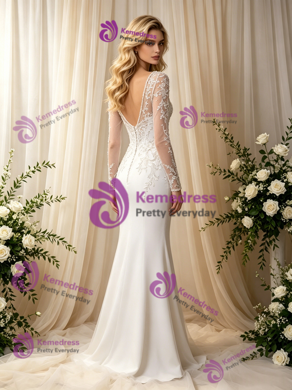 Sexy White Mermaid V-Neck Long Sleeve Wedding Dress