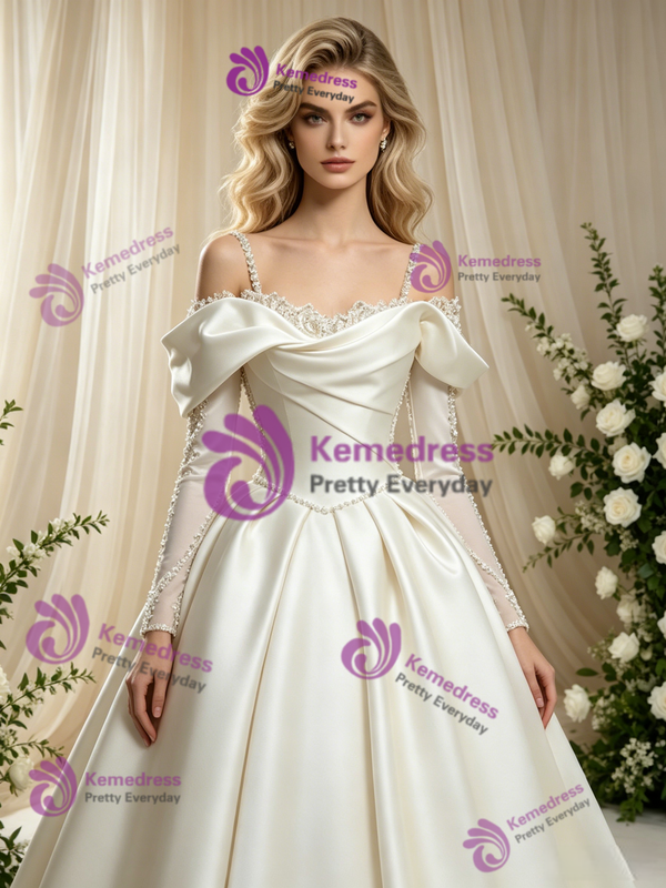 Vintage Ivory Satin Long Sleeve Straps Wedding Dress