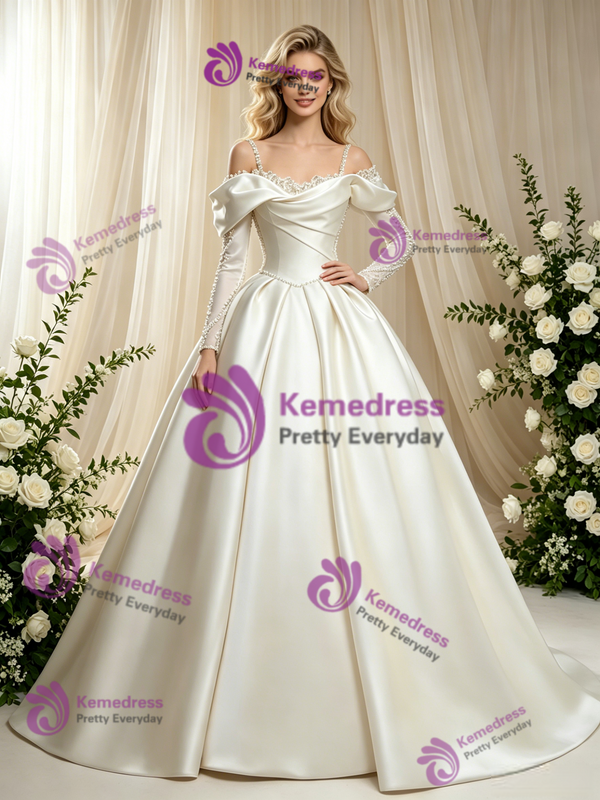 Vintage Ivory Satin Long Sleeve Straps Wedding Dress