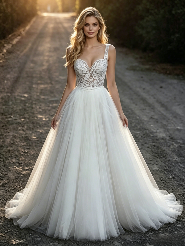 White Tulle Straps Lace Wedding Dress