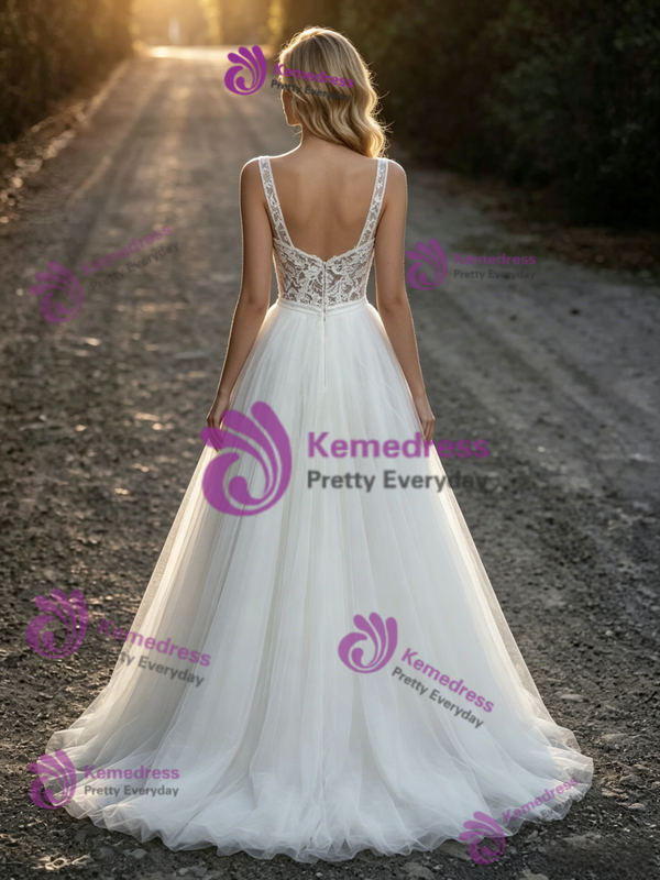 White Tulle Straps Lace Wedding Dress