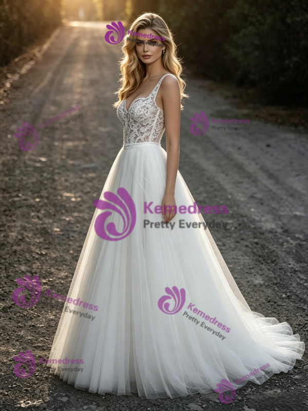 White Tulle Straps Lace Wedding Dress