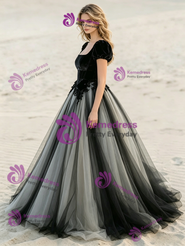 Black Tulle Velvet Appliques Wedding Dress