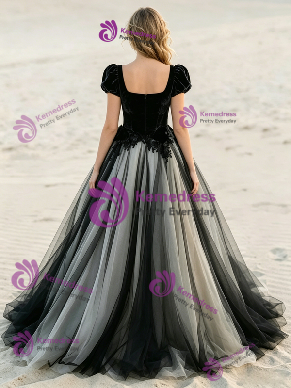 Black Tulle Velvet Appliques Wedding Dress