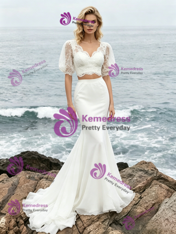 White Mermaid Two Piece V-neck Puff Sleeve Wedding Dress