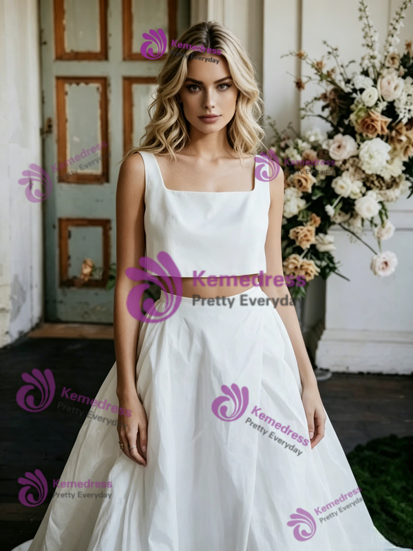 White Satin Straps Sleeveless Wedding Dress